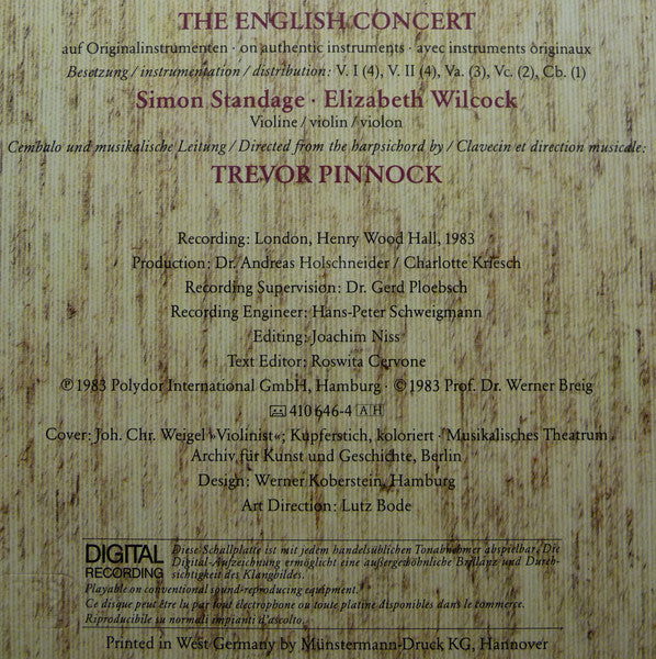 Johann Sebastian Bach, Simon Standage, Elizabeth Wilcock, The English Concert, Trevor Pinnock : Violin Concertos = Violinkonzerte (LP)