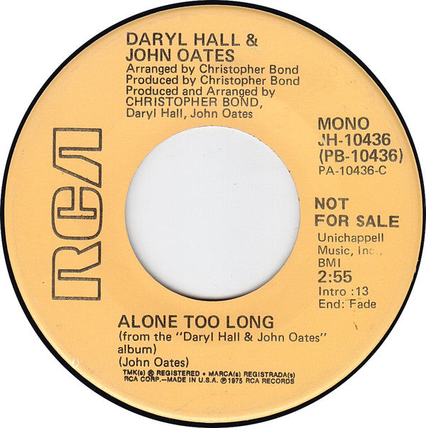 Daryl Hall & John Oates : Alone Too Long (7", Single, Mono, Promo)