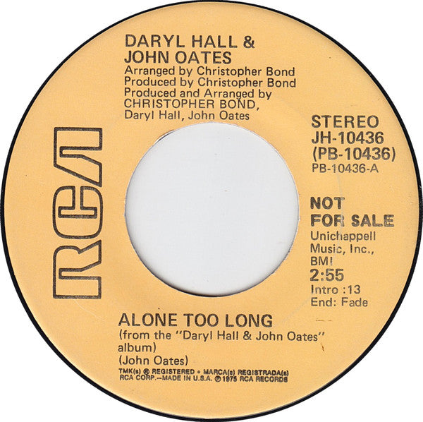 Daryl Hall & John Oates : Alone Too Long (7", Single, Mono, Promo)