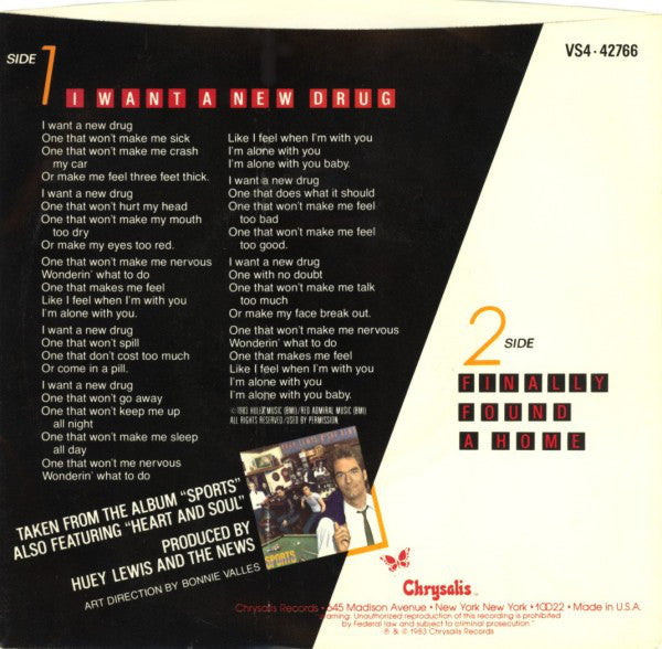 Huey Lewis & The News : I Want A New Drug (7", Single, Styrene, Pit)