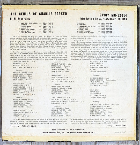 Charlie Parker : The Genius Of Charlie Parker (LP, Album, Comp, Mono)