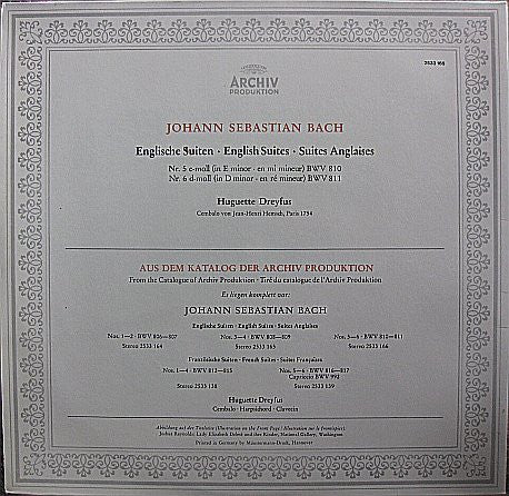 Johann Sebastian Bach, Huguette Dreyfus : Englische Suiten - English Suites - Suites Anglaises Nos. 5-6 BWV 810-811 (LP, Gat)