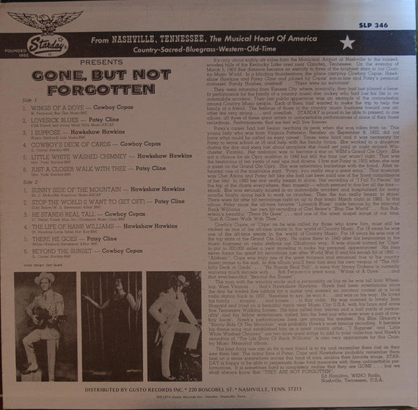 Cowboy Copas / Patsy Cline / Hawkshaw Hawkins : Gone, But Not Forgotten (LP, Comp, RE)