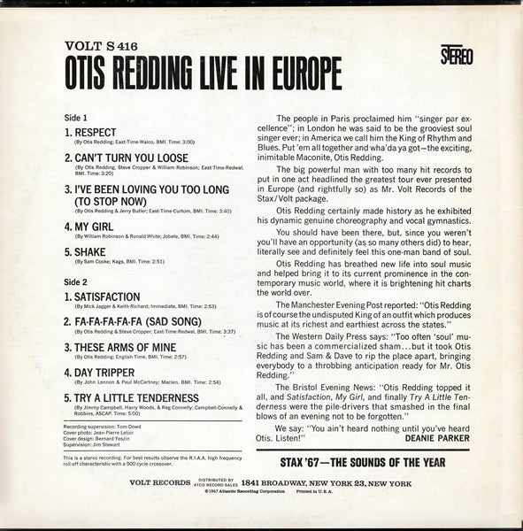 Otis Redding : Live In Europe (LP, Album, MO )
