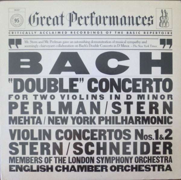 Bach*, Isaac Stern, Itzhak Perlman, Zubin Mehta, New York Philharmonic, Members Of The London Symphony Orchestra, English Chamber Orchestra : Double Violin Concerto & Violin Concertos Nos. 1 & 2 (LP, Comp)