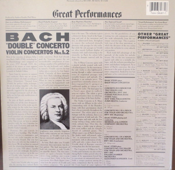 Bach*, Isaac Stern, Itzhak Perlman, Zubin Mehta, New York Philharmonic, Members Of The London Symphony Orchestra, English Chamber Orchestra : Double Violin Concerto & Violin Concertos Nos. 1 & 2 (LP, Comp)