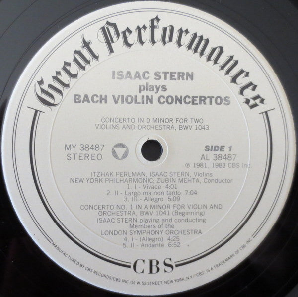 Bach*, Isaac Stern, Itzhak Perlman, Zubin Mehta, New York Philharmonic, Members Of The London Symphony Orchestra, English Chamber Orchestra : Double Violin Concerto & Violin Concertos Nos. 1 & 2 (LP, Comp)