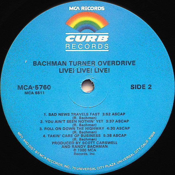 Bachman-Turner Overdrive : Live! Live! Live! (LP, Album, Glo)