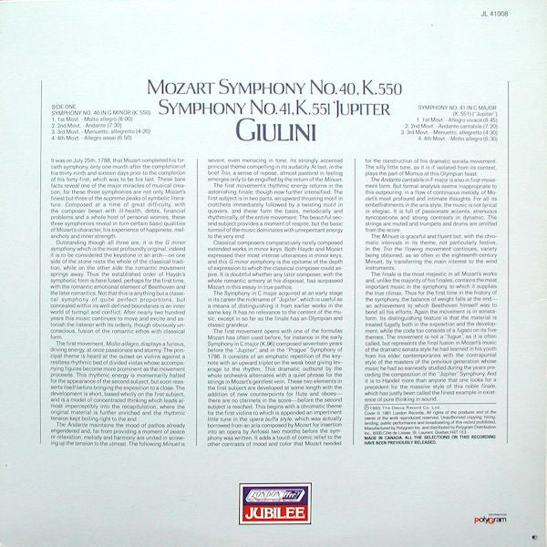 Wolfgang Amadeus Mozart, Carlo Maria Giulini, New Philharmonia Orchestra : Symphony No. 40 In G Minor, K. 550 / Symphony No. 41 In C Major, K. 551 ‘Jupiter’ (LP, RE)