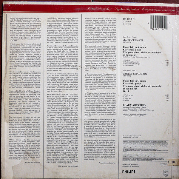 Beaux Arts Trio - Ravel* • Chausson* : Piano Trios • Klaviertrios (LP, Album)