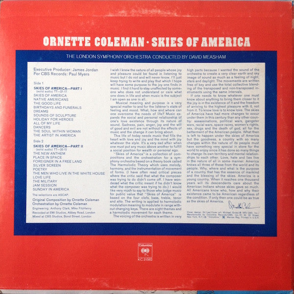 Ornette Coleman, London Symphony Orchestra  Conducted By  David Measham : Skies Of America (LP, Album)