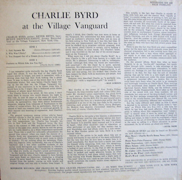 Charlie Byrd : At The Village Vanguard (LP, Album, Mono, RE)