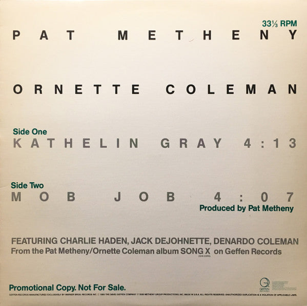 Pat Metheny / Ornette Coleman : "Kathelin Gray" / "Mob Job" (12", Single, Promo)