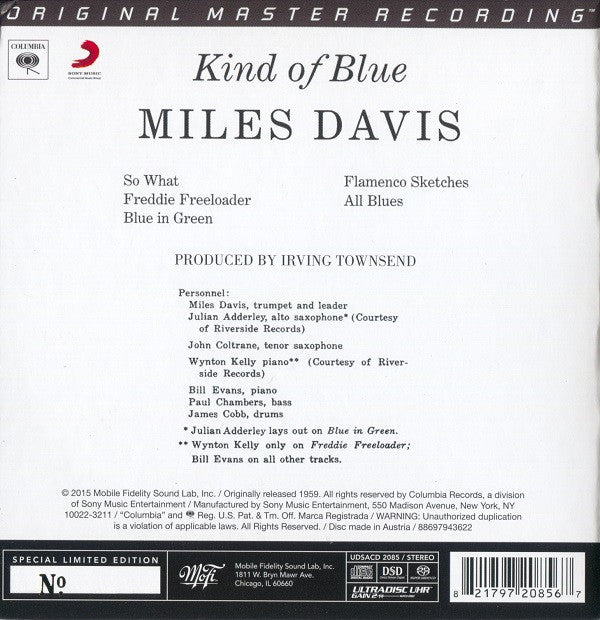 Miles Davis : Kind Of Blue (SACD, Hybrid, Album, Ltd, Num, RE)