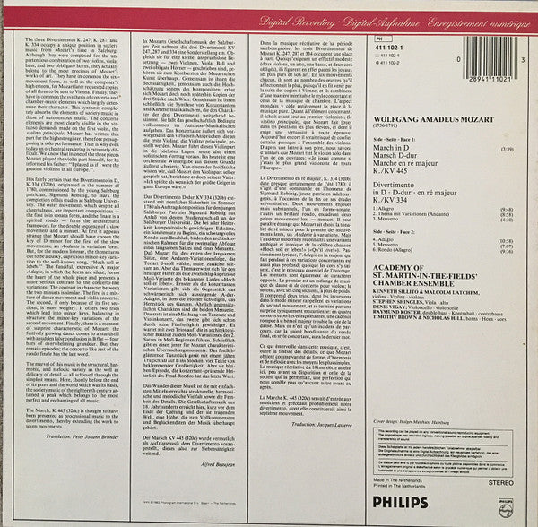 Mozart* - Academy Of St. Martin-in-the-Fields' Chamber Ensemble* : Divertimento Kv 334 • March Kv 445 (LP)