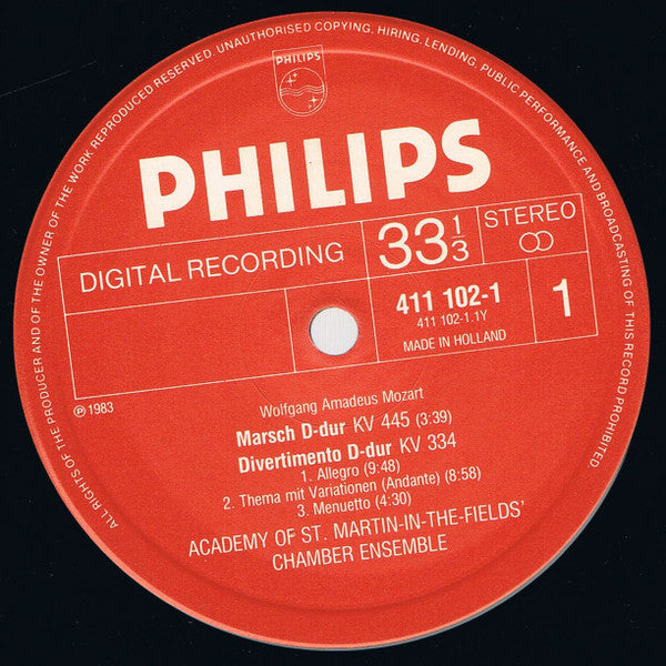 Mozart* - Academy Of St. Martin-in-the-Fields' Chamber Ensemble* : Divertimento Kv 334 • March Kv 445 (LP)