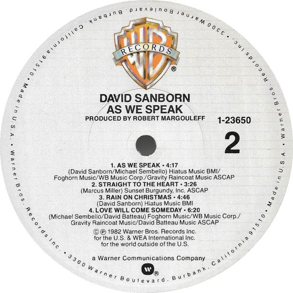 David Sanborn : As We Speak (LP, Album, Rim)