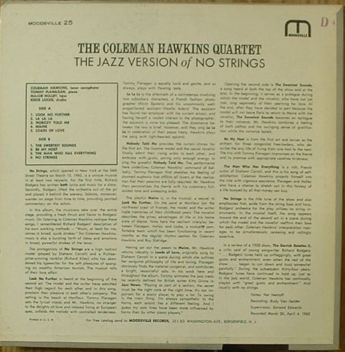 Coleman Hawkins Quartet : The Coleman Hawkins Quartet Play The Jazz Version Of No Strings (LP, Album)