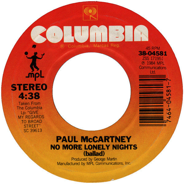 Paul McCartney : No More Lonely Nights (7", Single, Pit)