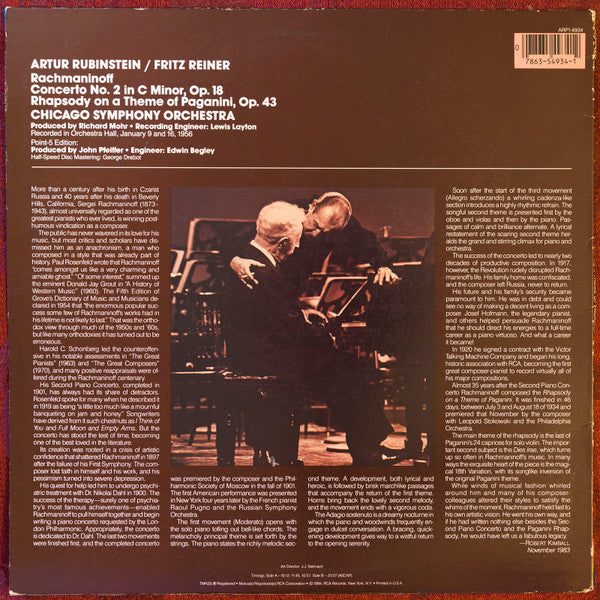 Artur Rubinstein*, Fritz Reiner, Rachmaninoff*, Chicago Symphony Orchestra : Concerto No. 2 / Rhapsody On A Theme Of Paganini (LP, Comp, RM)