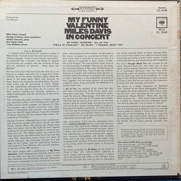 Miles Davis : My Funny Valentine - Miles Davis In Concert (LP, Album, RE, Pit)