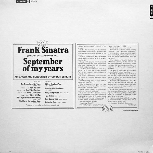 Frank Sinatra : September Of My Years (LP, Album, San)