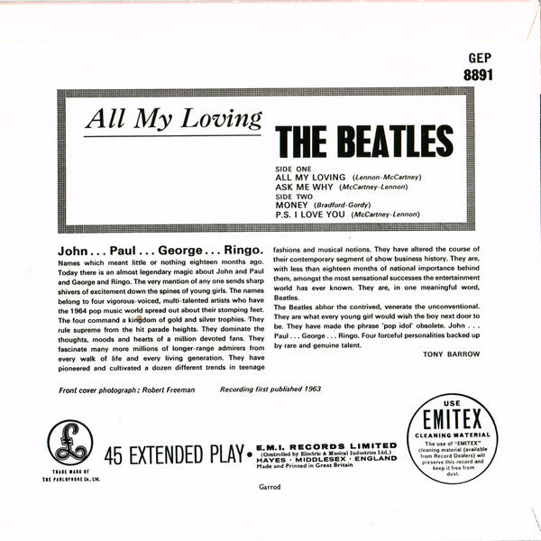 The Beatles : All My Loving (7", EP, Mono, RE, Sol)