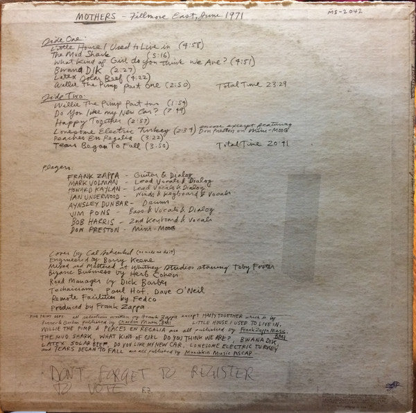 The Mothers : Fillmore East - June 1971 (LP, Album, RE, LA)