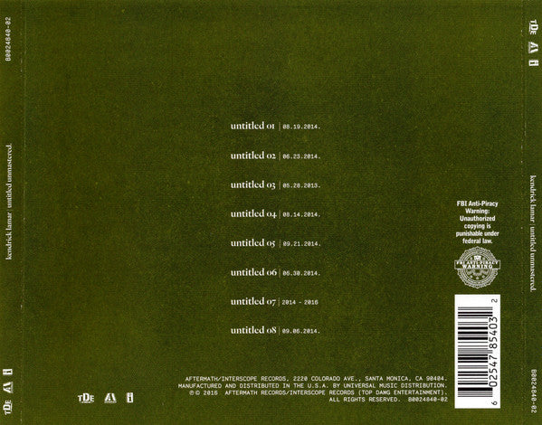 Kendrick Lamar : Untitled Unmastered. (CD, Album)