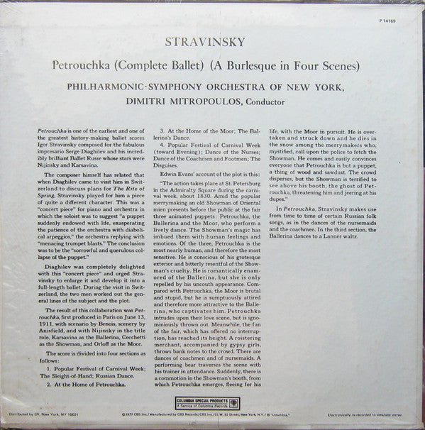 Stravinsky*, Philharmonic-Symphony Orchestra Of New York, Dimitri Mitropoulos : Petrouchka (Complete Ballet - A Burlesque In Four Scenes)  (LP)