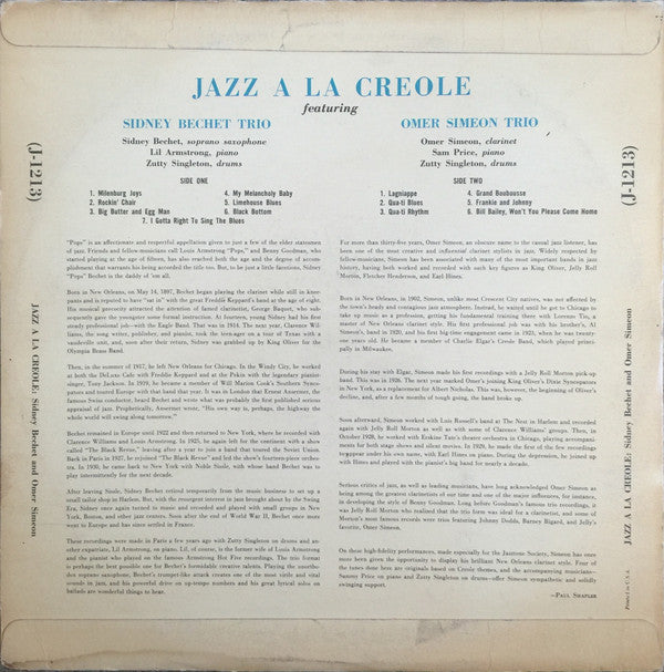 Sidney Bechet Trio* And Omer Simeon Trio : Jazz À La Creole (LP)