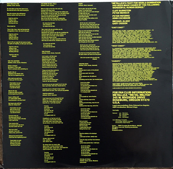 Metallica : Ride The Lightning (LP, Album, RE, All)
