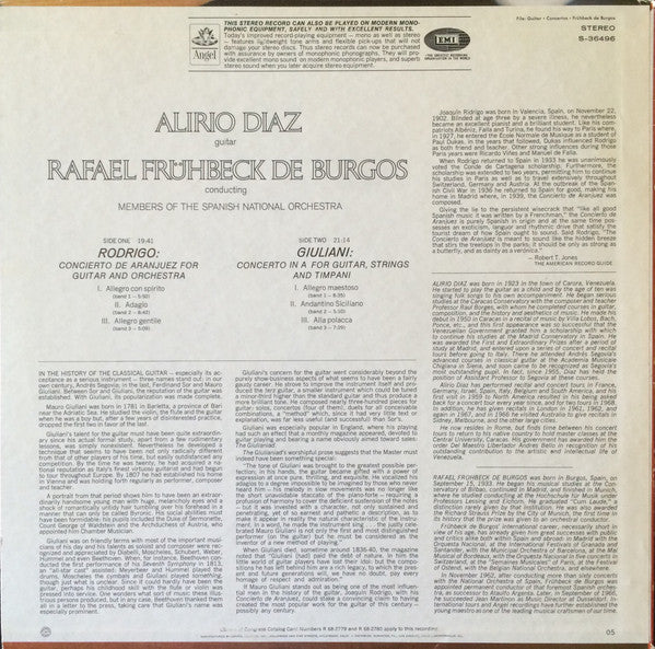 Joaquín Rodrigo / Mauro Giuliani (2) - Alirio Díaz Members Of Orquesta Nacional De España, Rafael Frühbeck De Burgos : Concierto De Aranjuez For Guitar & Orchestra - Concerto In A For Guitar, Strings & Timpani (LP, Album)