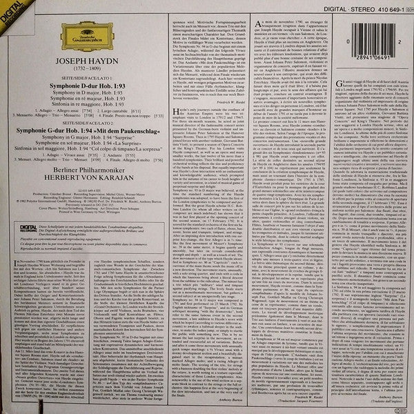 Haydn*, Berliner Philharmoniker, Herbert von Karajan : Symphonien No. 94 »Mit Dem Paukenschlag = Surprise« · No. 93 (LP)