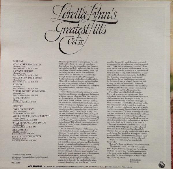 Loretta Lynn : Loretta Lynn's Greatest Hits Vol. II (LP, Comp, RE, Pin)