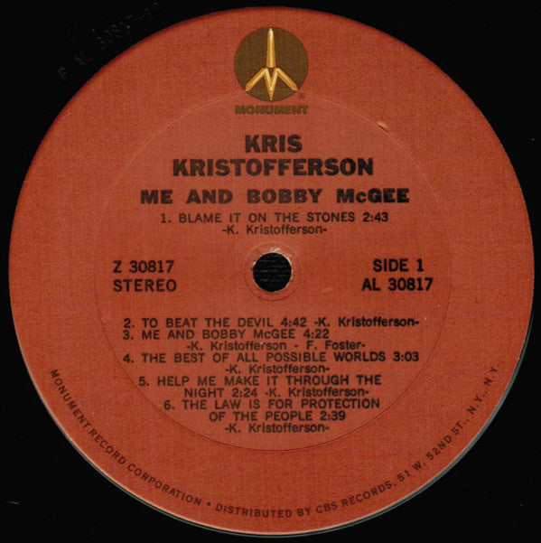 Kris Kristofferson : Me And Bobby McGee (LP, Album, RE, Pit)