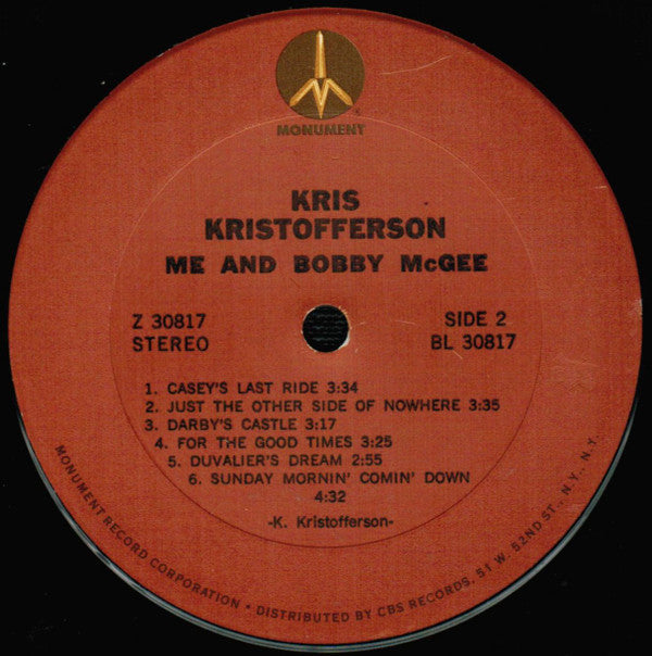 Kris Kristofferson : Me And Bobby McGee (LP, Album, RE, Pit)