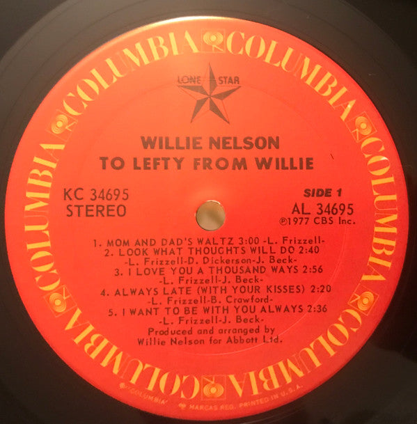 Willie Nelson : To Lefty From Willie (LP, Album, San)