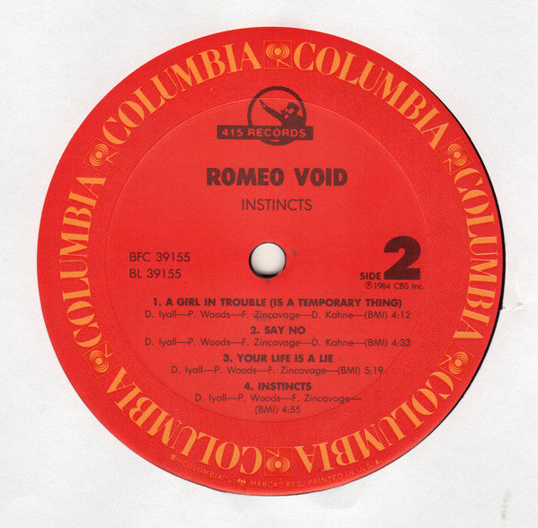 Romeo Void : Instincts (LP, Album, Car)