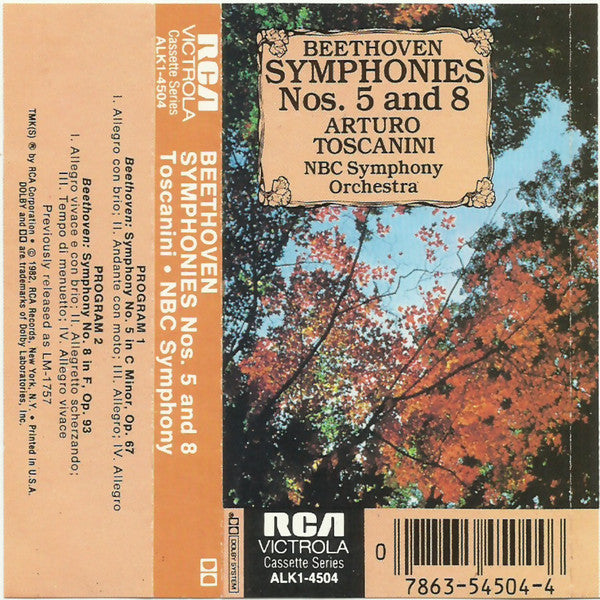 Ludwig Van Beethoven - Arturo Toscanini And The NBC Symphony Orchestra : Symphonies Nos. 5 & 8 (Cass, Album, Mono, Dol)