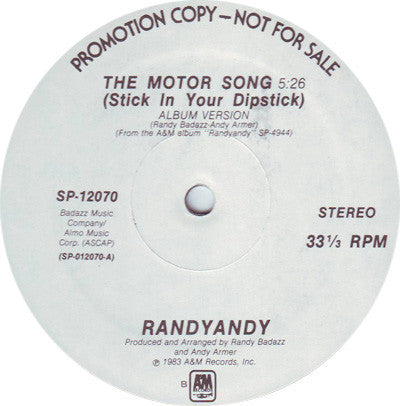 Randyandy* : The Motor Song (Stick In Your Dipstick) (12", Promo)