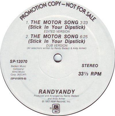 Randyandy* : The Motor Song (Stick In Your Dipstick) (12", Promo)