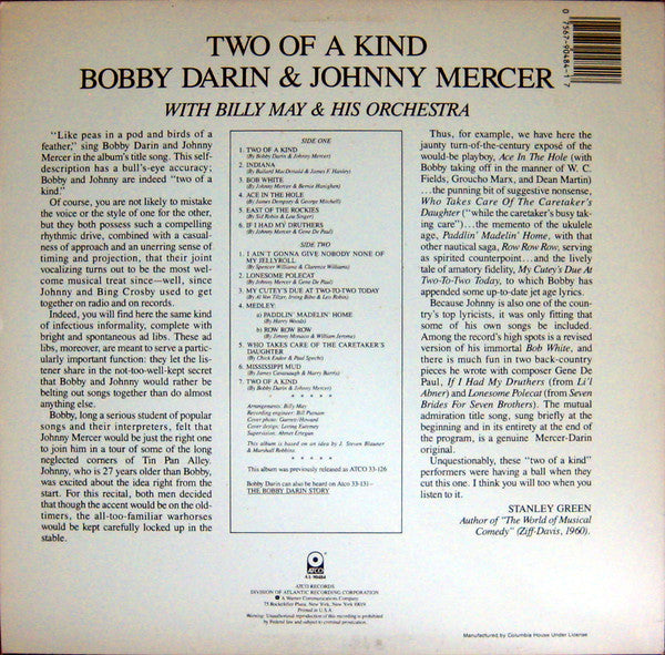 Bobby Darin & Johnny Mercer With Billy May And His Orchestra : Two Of A Kind (LP, Album, Club, RE, Spe)