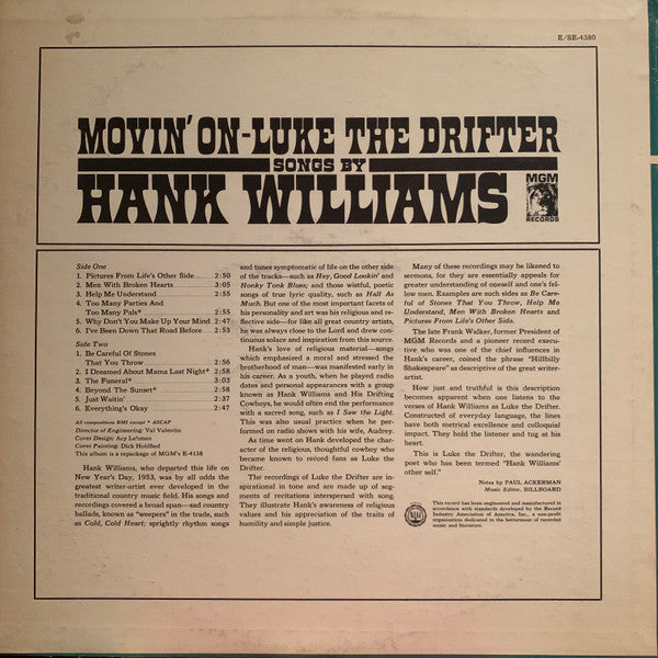 Hank Williams : Movin' On - Luke The Drifter (LP, Comp, Mono)