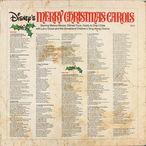 Mickey Mouse (2), Donald Duck, Goofy (2), Chip 'n' Dale With Larry Groce And The Disneyland Children's Sing-Along Chorus : Disney's Merry Christmas Carols (LP, Album, PRC)