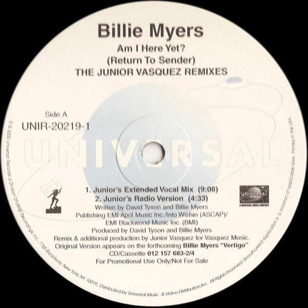 Billie Myers : Am I Here Yet? (Return To Sender) (The Junior Vasquez Remixes) (12", Promo)