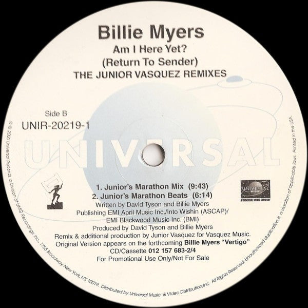 Billie Myers : Am I Here Yet? (Return To Sender) (The Junior Vasquez Remixes) (12", Promo)