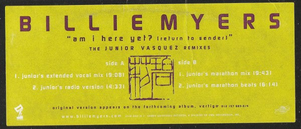 Billie Myers : Am I Here Yet? (Return To Sender) (The Junior Vasquez Remixes) (12", Promo)