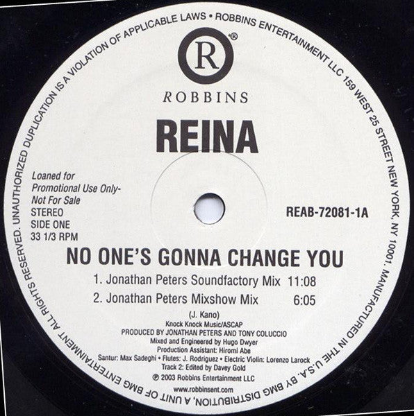 Reina : No One's Gonna Change You (12", Promo)