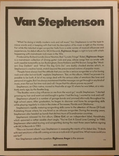 Van Stephenson : Righteous Anger (LP, Album, Promo)